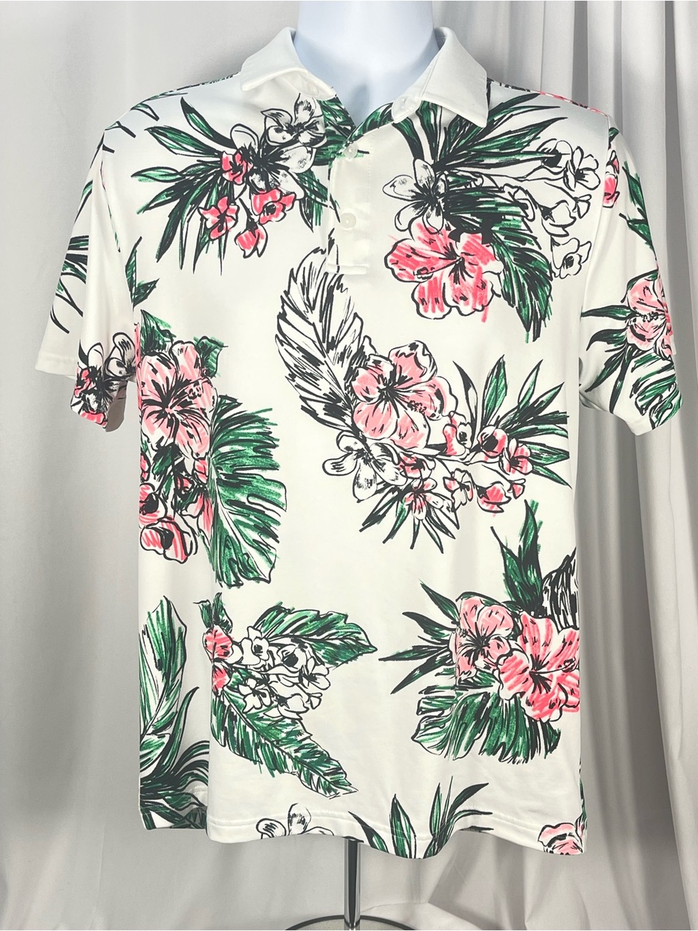 Under Armour “The Playoff” Golf Polo w/ Bold Pink & Green Tropical Print. Sz M.